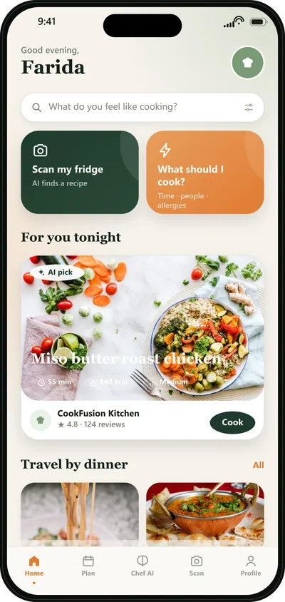 CookFusion home screen with a recipe for tonight